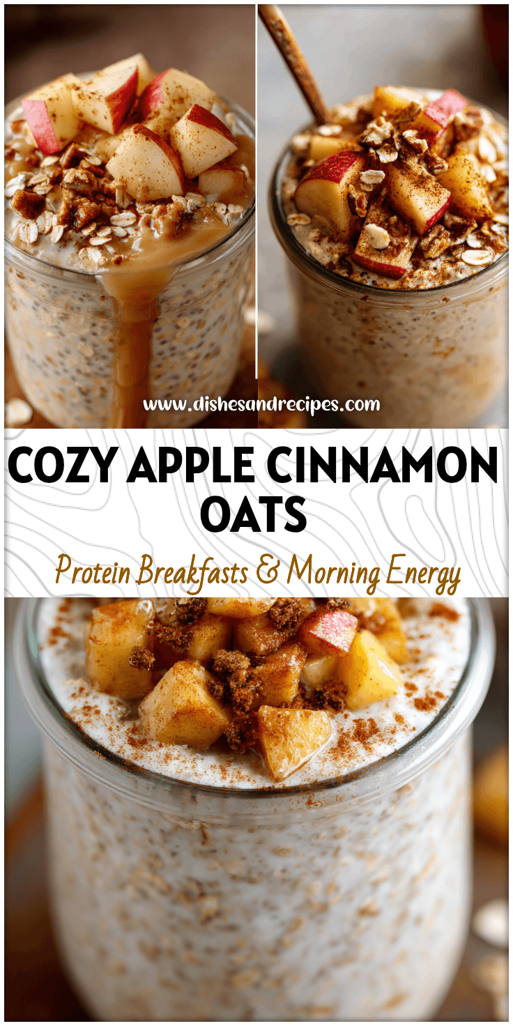 Glass jar filled with Thick Overnight Oats topped with cinnamon apples and oats for a cozy fall breakfast.